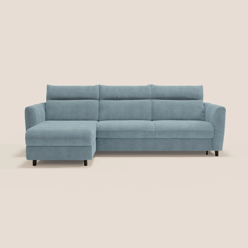 Peonia canapé d'angle convertible avec matelas H18 et chaise longue coffre en bouclette imperméable T07 bleu pastel