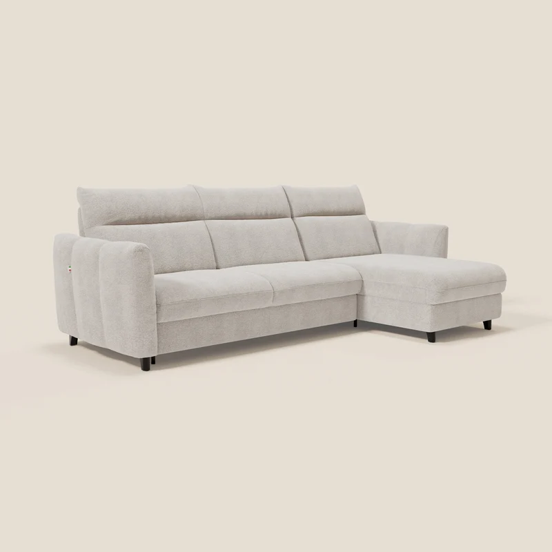 Peonia canapé d'angle convertible avec matelas H18 et chaise longue coffre en bouclette imperméable T07 blanc