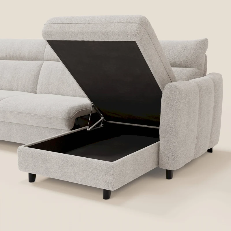Peonia canapé d'angle convertible avec matelas H18 et chaise longue coffre en bouclette imperméable T07 blanc