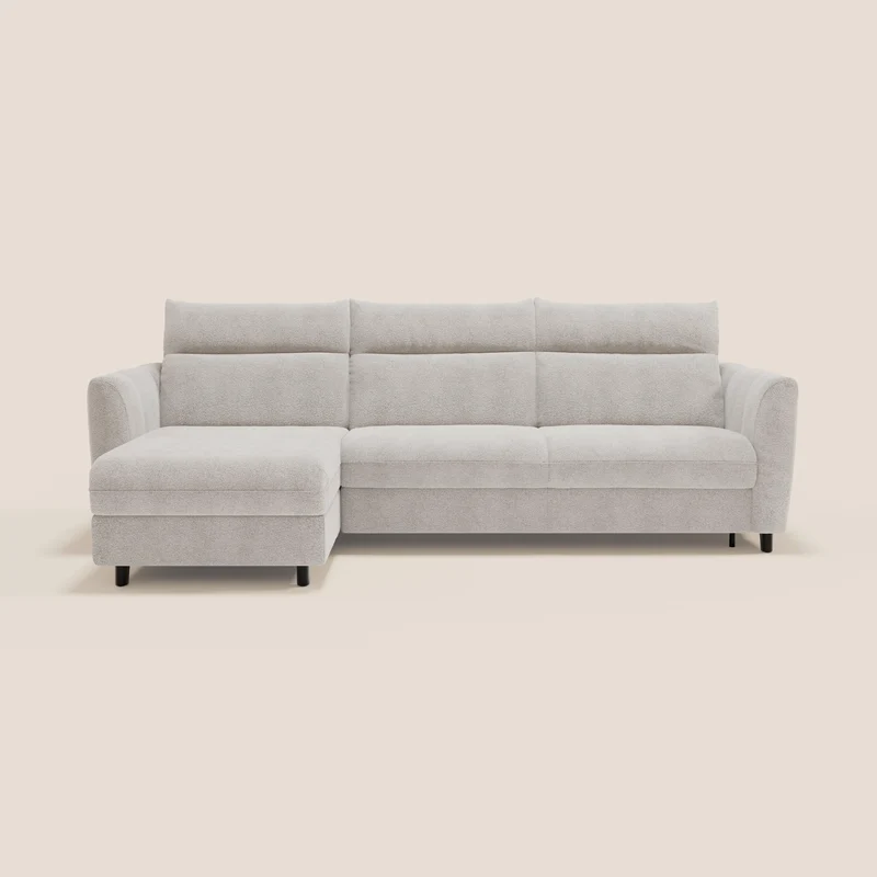 Peonia canapé d'angle convertible avec matelas H18 et chaise longue coffre en bouclette imperméable T07 blanc