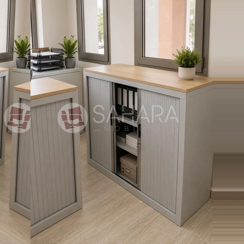 Armoire basse porte rideau avec top en bois Réf B4313