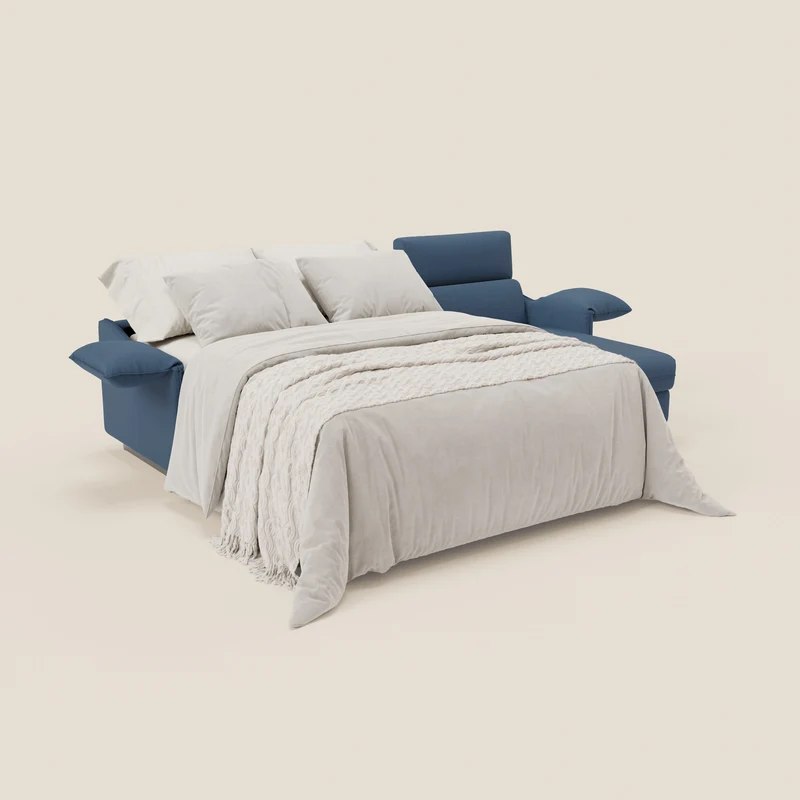 Violetta Canapé d'angle convertible avec chaise longue coffre, têtières et matelas 18cm en tissu imperméable T13 bleu