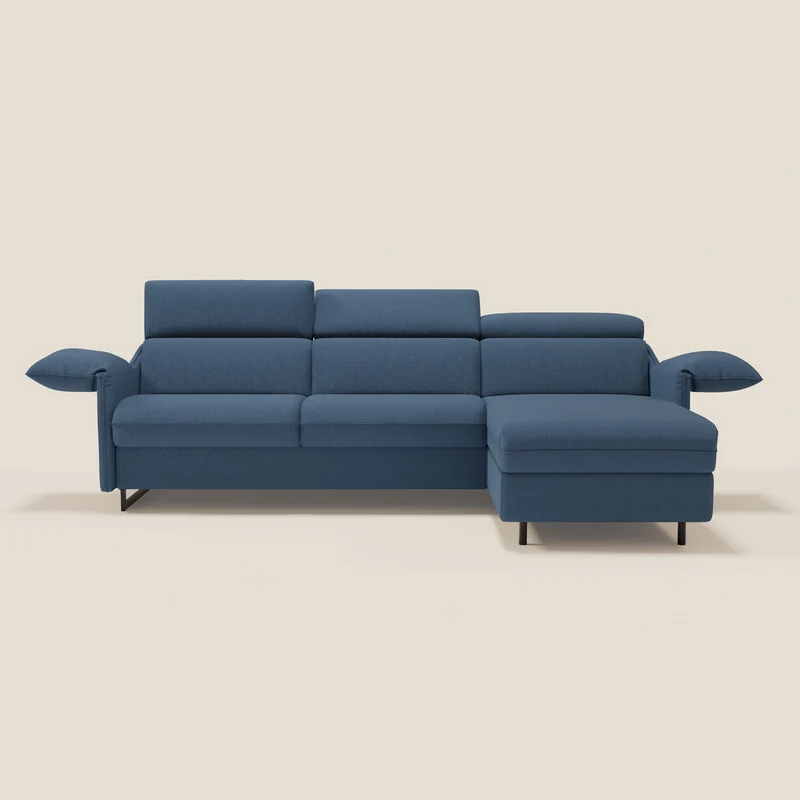 Violetta Canapé d'angle convertible avec chaise longue coffre, têtières et matelas 18cm en tissu imperméable T13 bleu