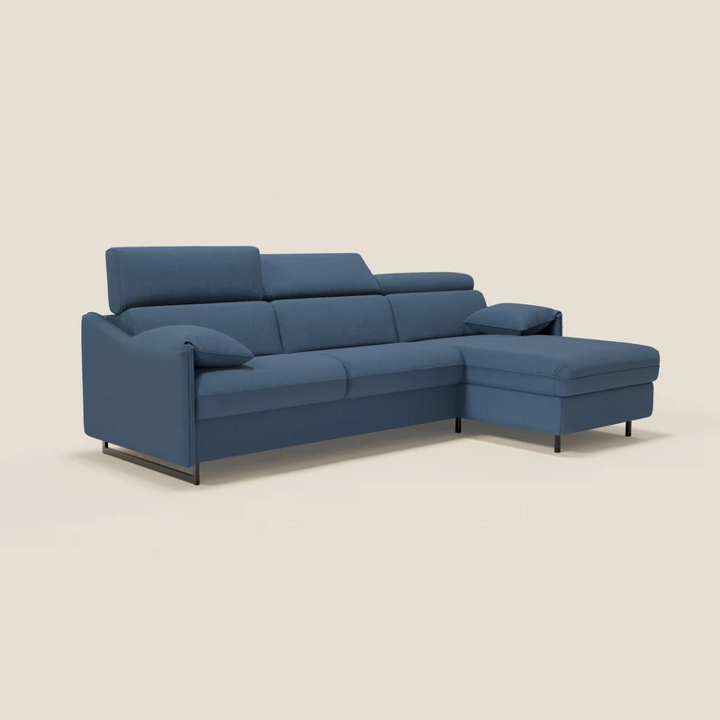 Violetta Canapé d'angle convertible avec chaise longue coffre, têtières et matelas 18cm en tissu imperméable T13 bleu