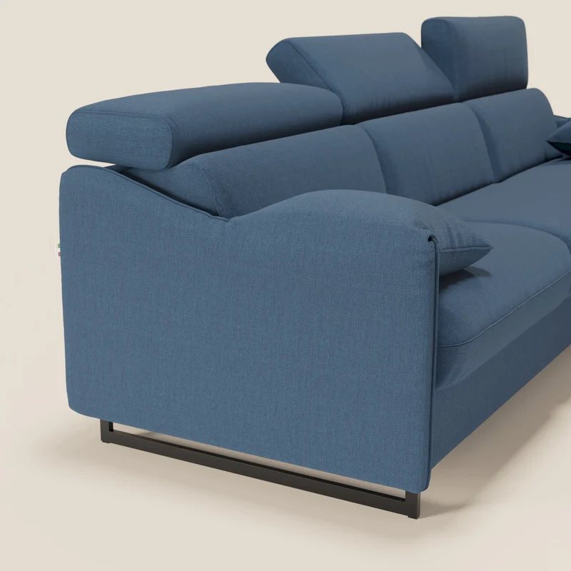 Violetta Canapé d'angle convertible avec chaise longue coffre, têtières et matelas 18cm en tissu imperméable T13 bleu