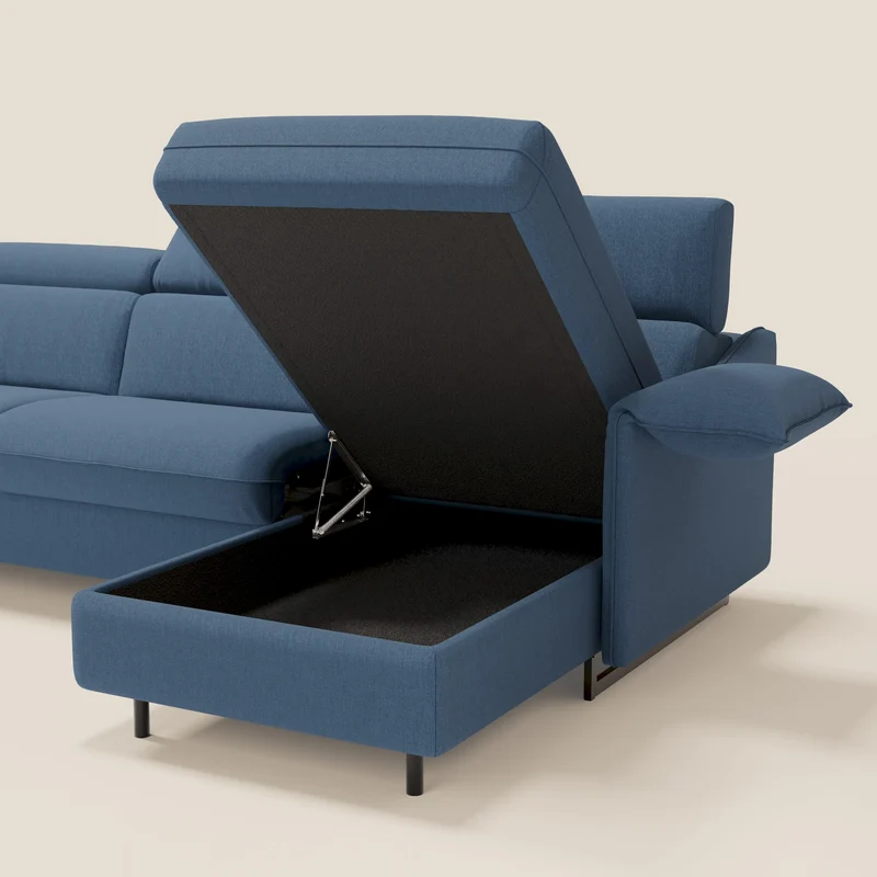 Violetta Canapé d'angle convertible avec chaise longue coffre, têtières et matelas 18cm en tissu imperméable T13 bleu