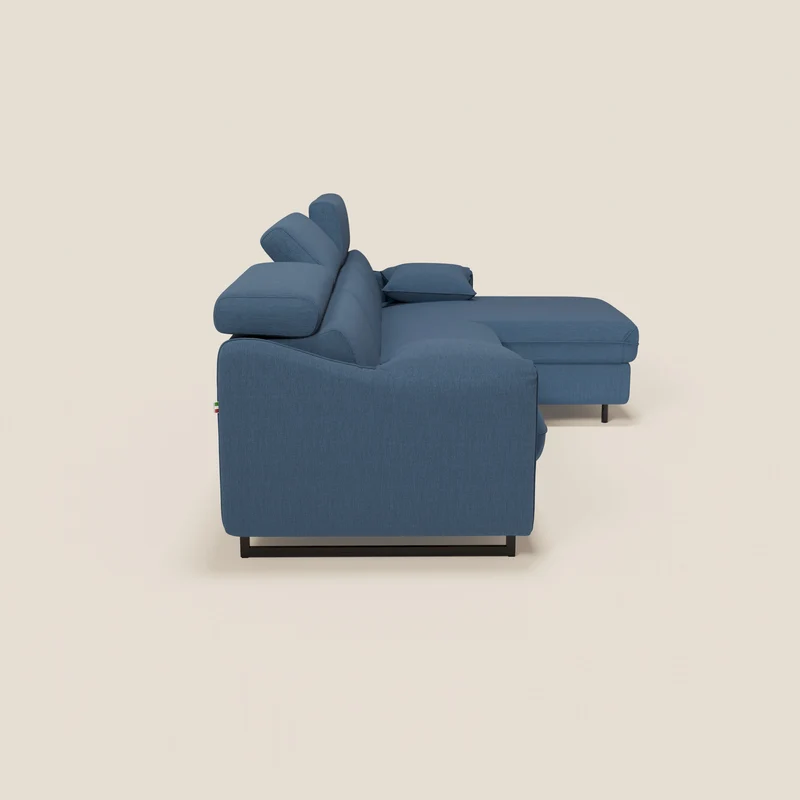 Violetta Canapé d'angle convertible avec chaise longue coffre, têtières et matelas 18cm en tissu imperméable T13 bleu