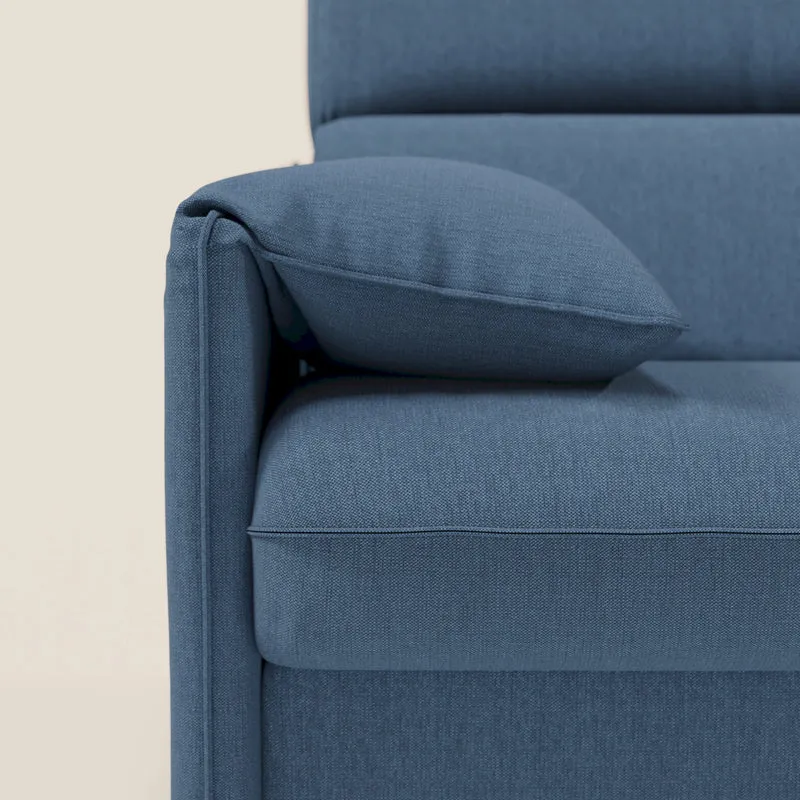 Violetta Canapé d'angle convertible avec chaise longue coffre, têtières et matelas 18cm en tissu imperméable T13 bleu