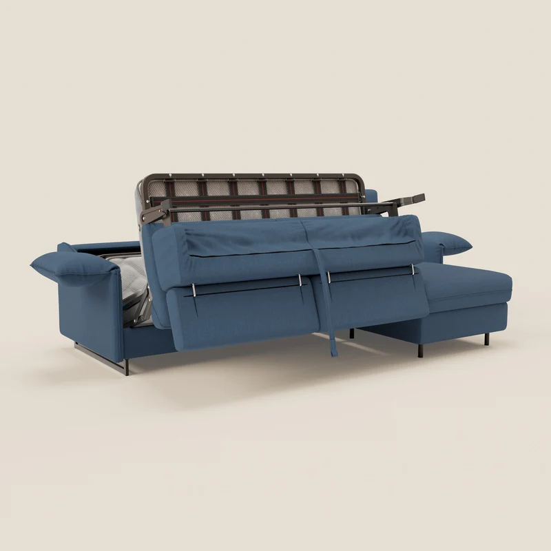 Violetta Canapé d'angle convertible avec chaise longue coffre, têtières et matelas 18cm en tissu imperméable T13 bleu