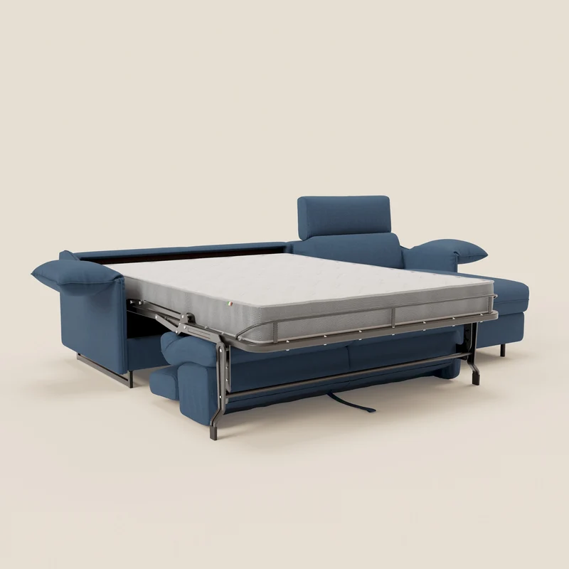 Violetta Canapé d'angle convertible avec chaise longue coffre, têtières et matelas 18cm en tissu imperméable T13 bleu