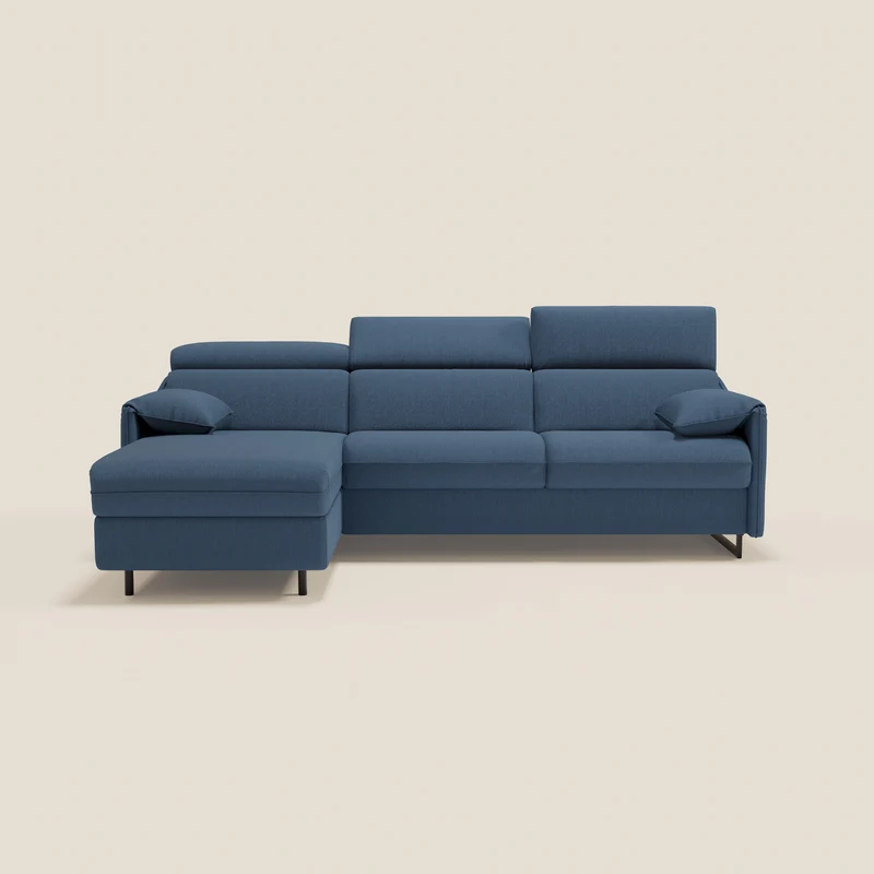 Violetta Canapé d'angle convertible avec chaise longue coffre, têtières et matelas 18cm en tissu imperméable T13 bleu