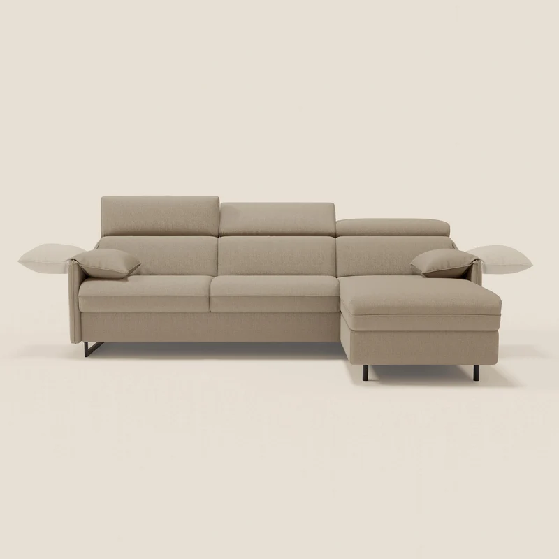 Violetta Canapé d'angle convertible avec chaise longue coffre, têtières et matelas 18cm en tissu imperméable T13 beige