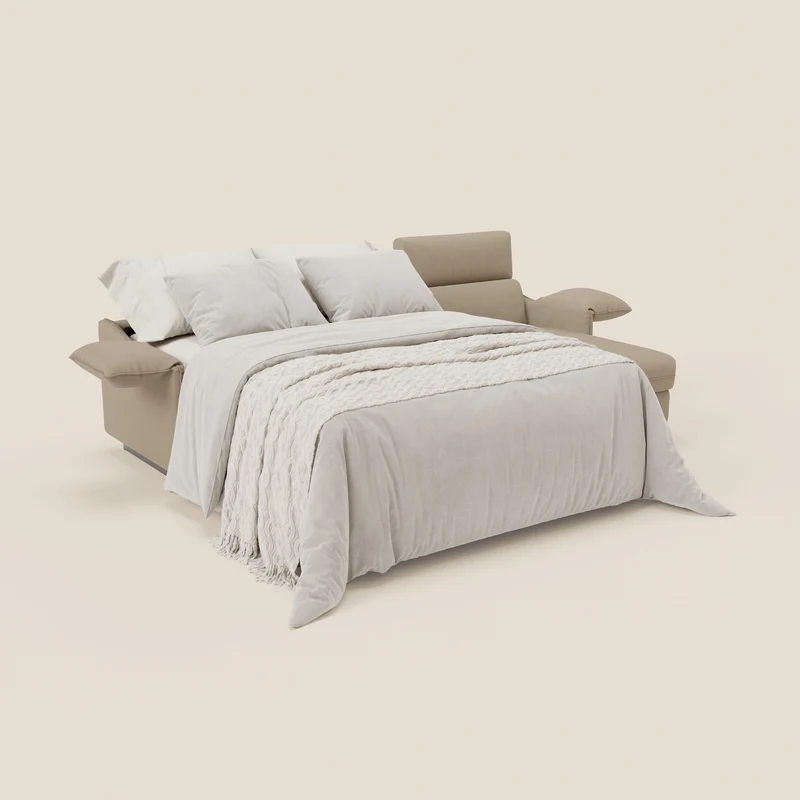 Violetta Canapé d'angle convertible avec chaise longue coffre, têtières et matelas 18cm en tissu imperméable T13 beige