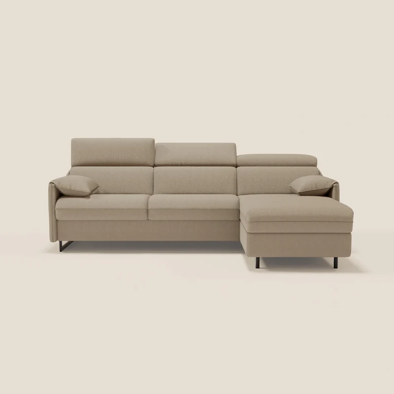 Violetta Canapé d'angle convertible avec chaise longue coffre, têtières et matelas 18cm en tissu imperméable T13 beige