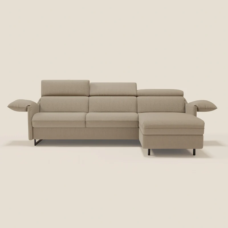 Violetta Canapé d'angle convertible avec chaise longue coffre, têtières et matelas 18cm en tissu imperméable T13 beige