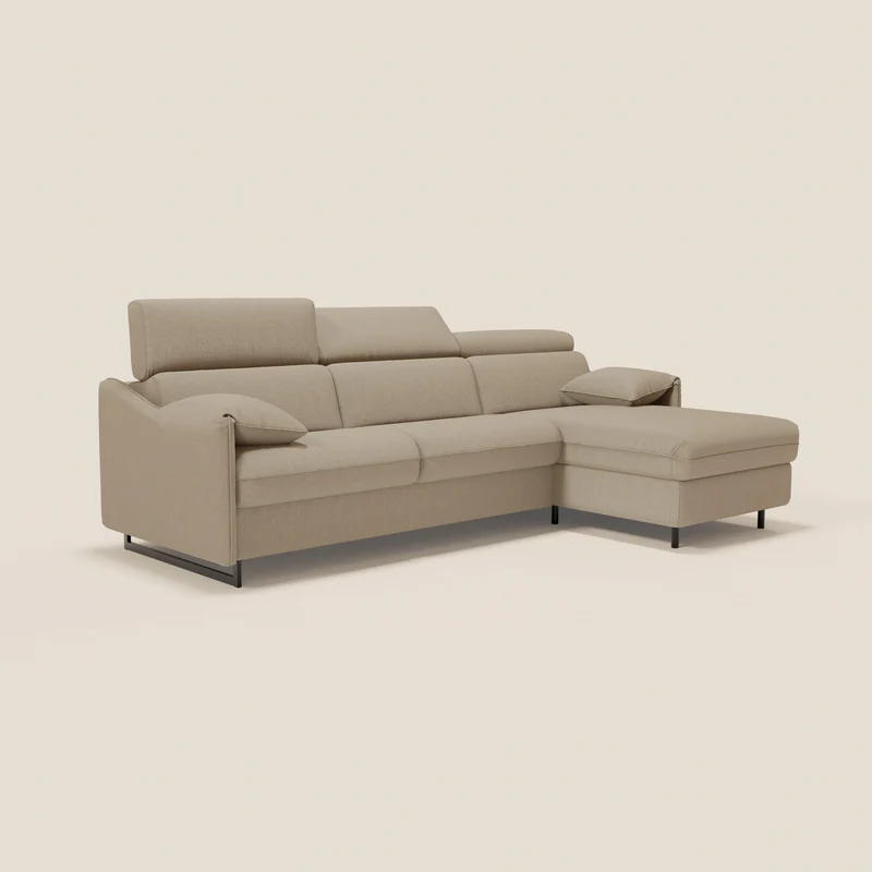 Violetta Canapé d'angle convertible avec chaise longue coffre, têtières et matelas 18cm en tissu imperméable T13 beige