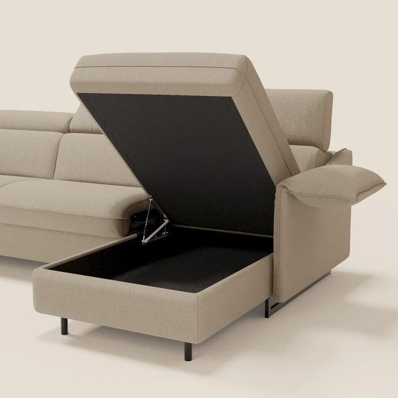 Violetta Canapé d'angle convertible avec chaise longue coffre, têtières et matelas 18cm en tissu imperméable T13 beige