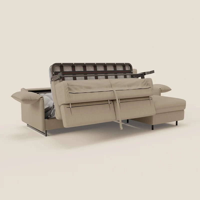 Violetta Canapé d'angle convertible avec chaise longue coffre, têtières et matelas 18cm en tissu imperméable T13 beige