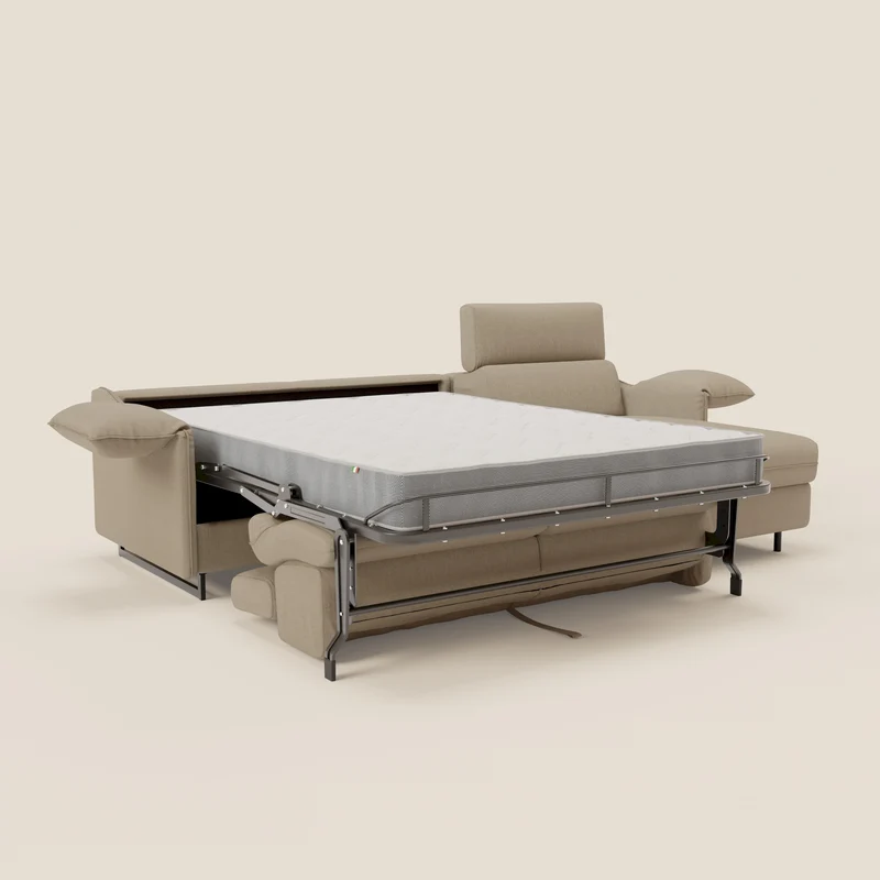 Violetta Canapé d'angle convertible avec chaise longue coffre, têtières et matelas 18cm en tissu imperméable T13 beige