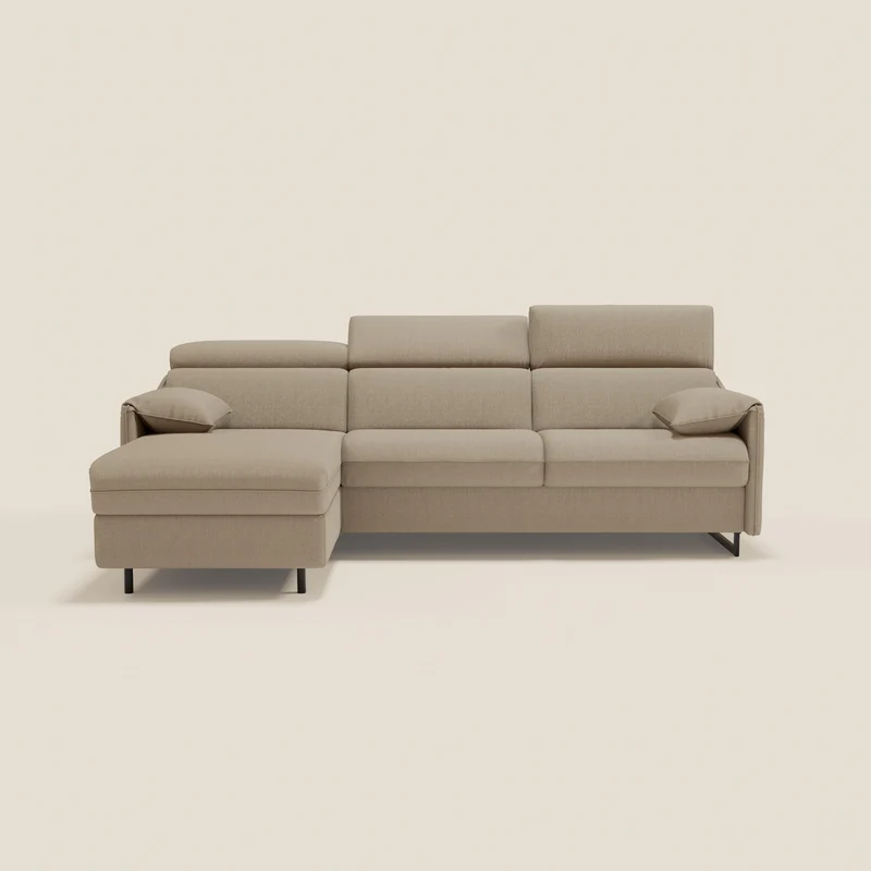 Violetta Canapé d'angle convertible avec chaise longue coffre, têtières et matelas 18cm en tissu imperméable T13 beige