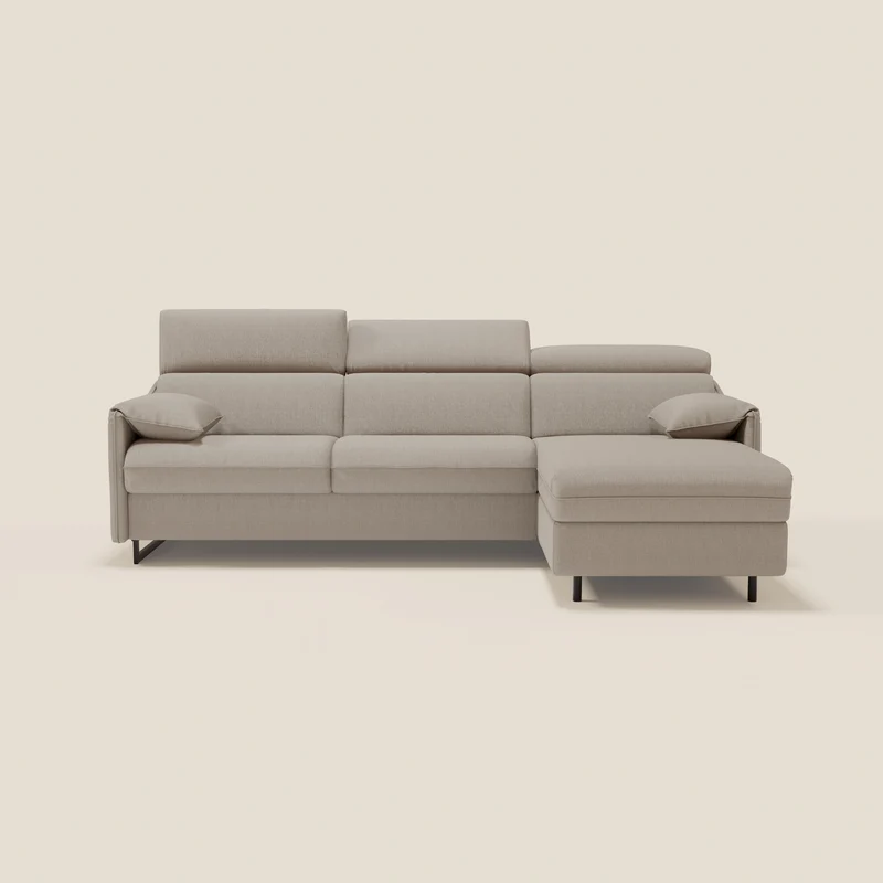 Violetta Canapé d'angle convertible avec chaise longue coffre, têtières et matelas 18cm en tissu imperméable T13 crème