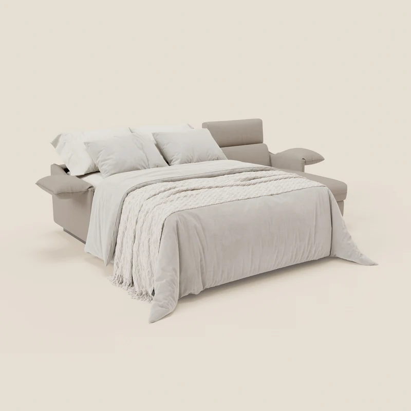 Violetta Canapé d'angle convertible avec chaise longue coffre, têtières et matelas 18cm en tissu imperméable T13 crème