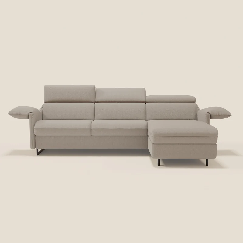 Violetta Canapé d'angle convertible avec chaise longue coffre, têtières et matelas 18cm en tissu imperméable T13 crème