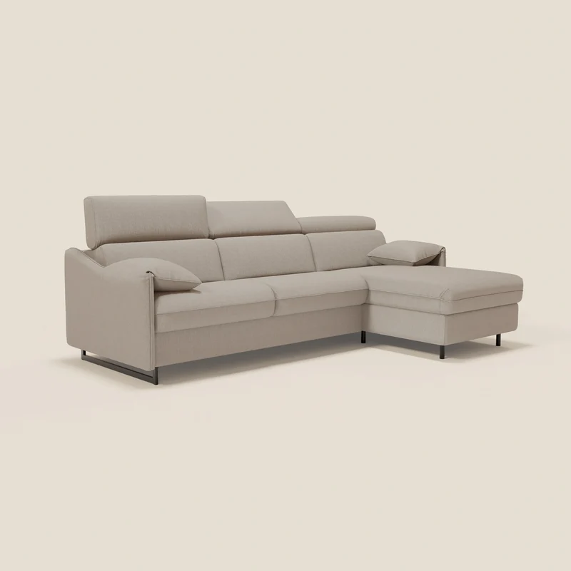 Violetta Canapé d'angle convertible avec chaise longue coffre, têtières et matelas 18cm en tissu imperméable T13 crème