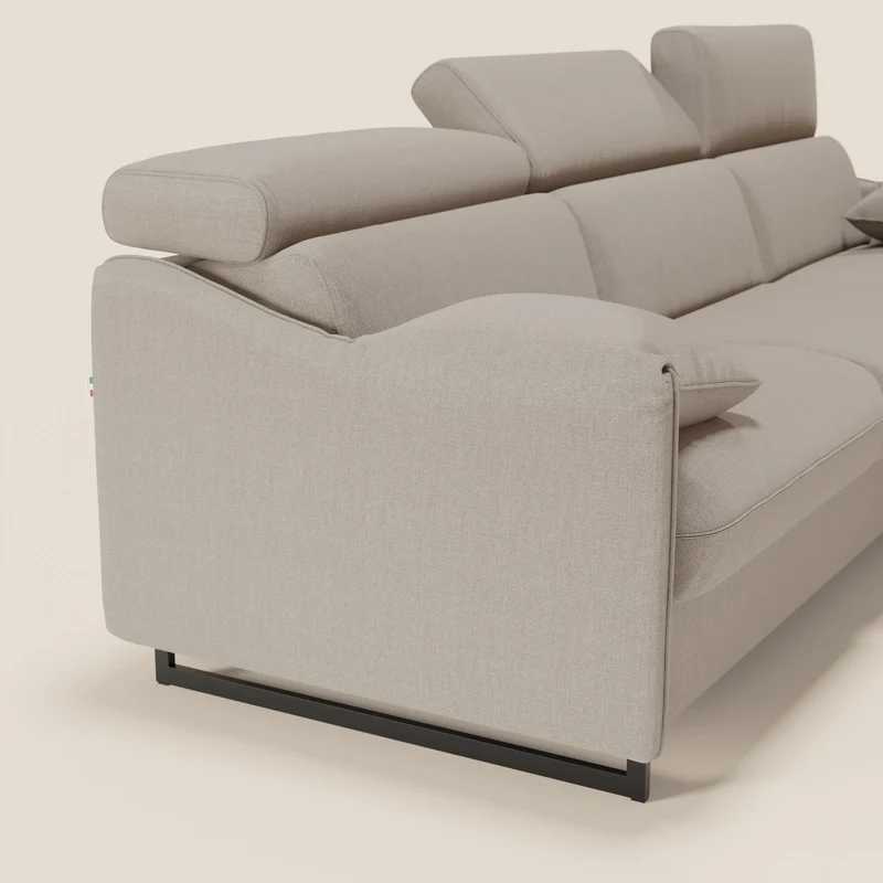 Violetta Canapé d'angle convertible avec chaise longue coffre, têtières et matelas 18cm en tissu imperméable T13 crème