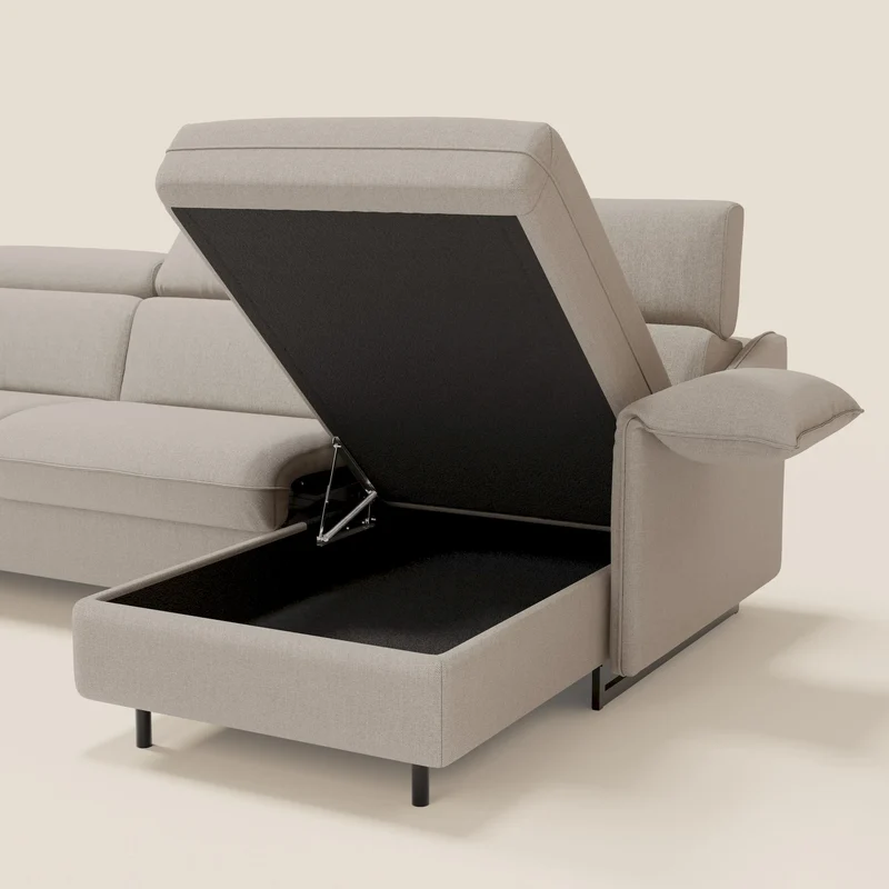 Violetta Canapé d'angle convertible avec chaise longue coffre, têtières et matelas 18cm en tissu imperméable T13 crème