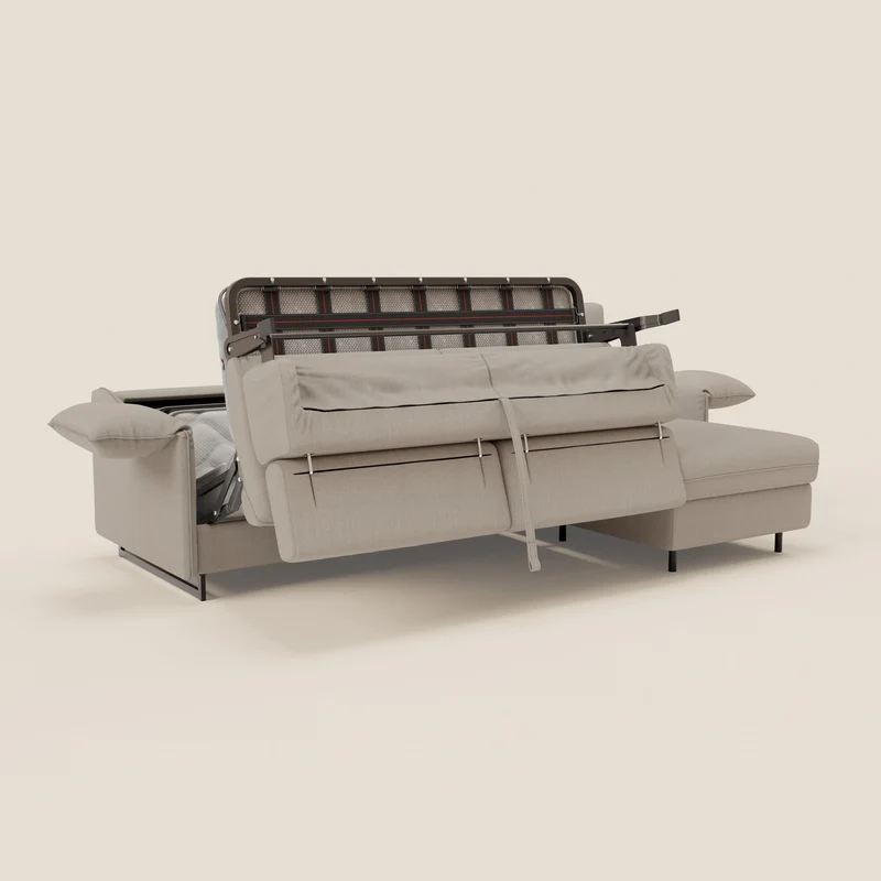 Violetta Canapé d'angle convertible avec chaise longue coffre, têtières et matelas 18cm en tissu imperméable T13 crème
