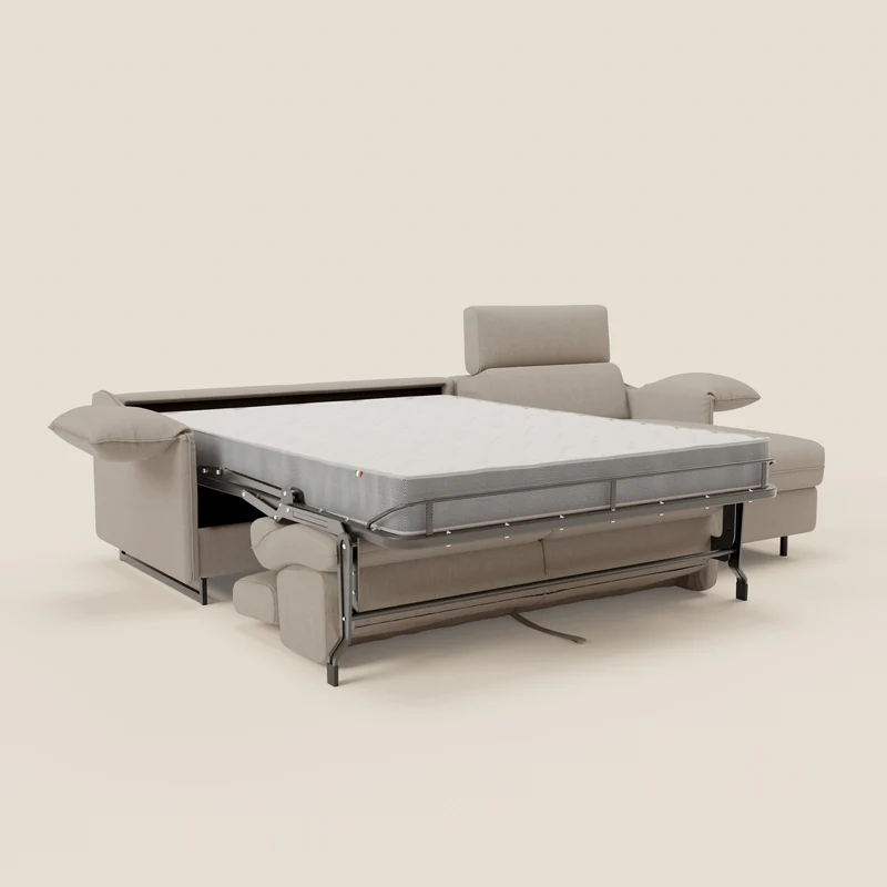 Violetta Canapé d'angle convertible avec chaise longue coffre, têtières et matelas 18cm en tissu imperméable T13 crème