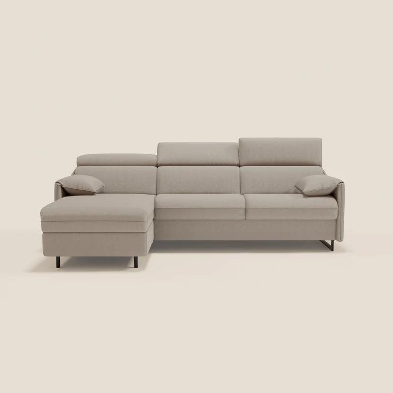 Violetta Canapé d'angle convertible avec chaise longue coffre, têtières et matelas 18cm en tissu imperméable T13 crème