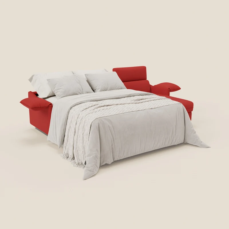 Violetta Canapé d'angle convertible avec chaise longue coffre, têtières et matelas 18cm en tissu imperméable T13 rouge