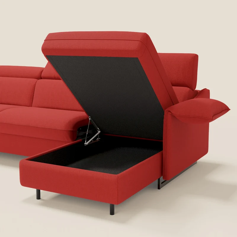 Violetta Canapé d'angle convertible avec chaise longue coffre, têtières et matelas 18cm en tissu imperméable T13 rouge