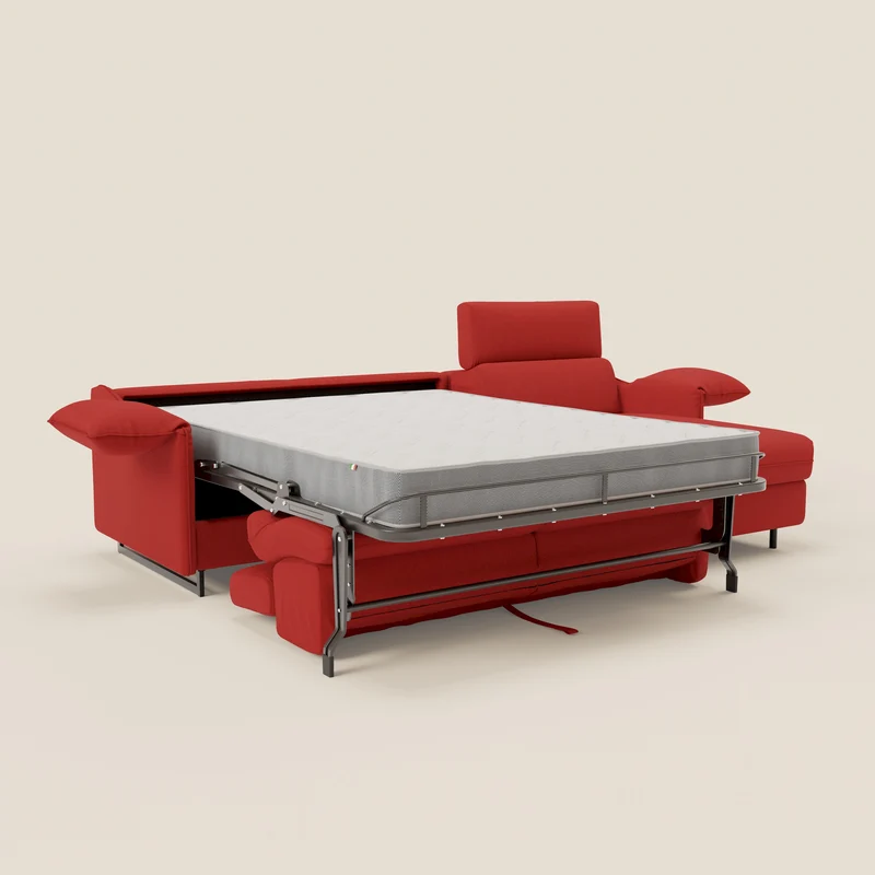 Violetta Canapé d'angle convertible avec chaise longue coffre, têtières et matelas 18cm en tissu imperméable T13 rouge