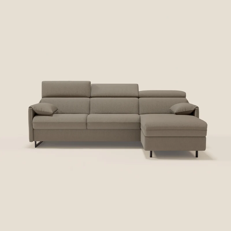 Violetta Canapé d'angle convertible avec chaise longue coffre, têtières et matelas 18cm en tissu imperméable T13 taupe