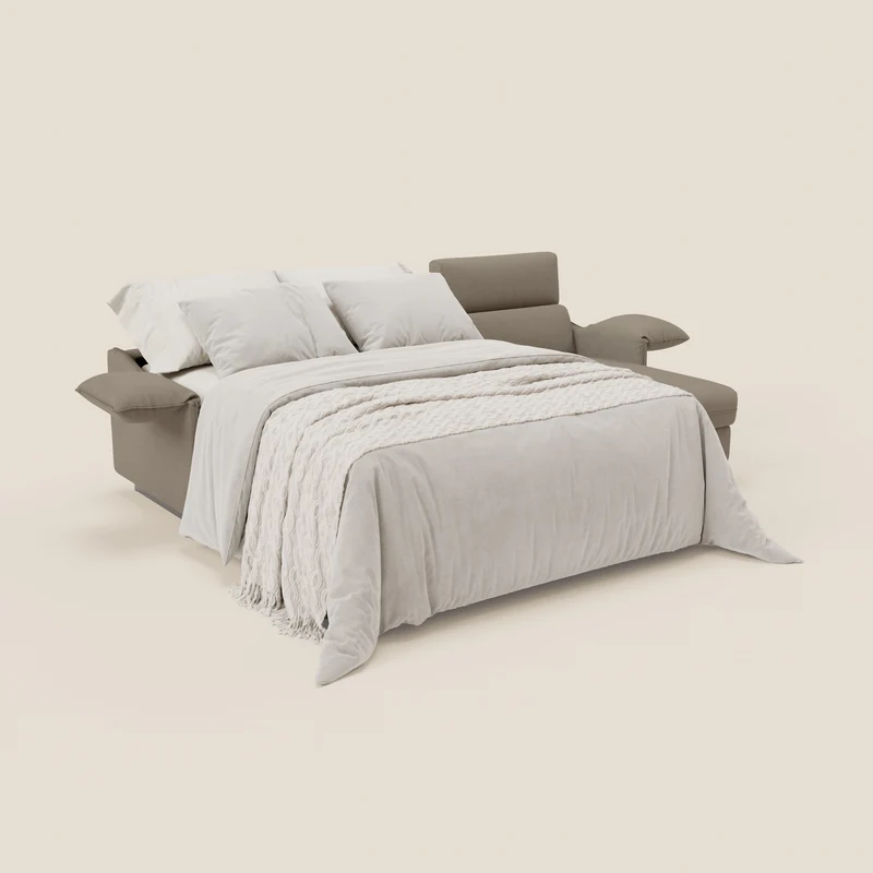 Violetta Canapé d'angle convertible avec chaise longue coffre, têtières et matelas 18cm en tissu imperméable T13 taupe