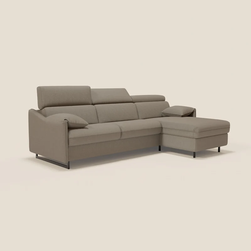 Violetta Canapé d'angle convertible avec chaise longue coffre, têtières et matelas 18cm en tissu imperméable T13 taupe