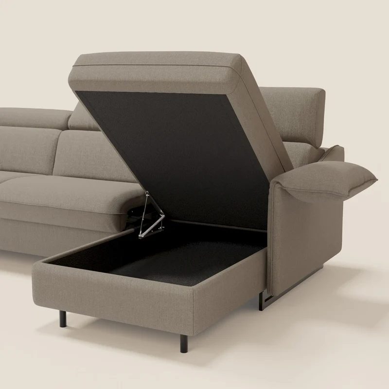 Violetta Canapé d'angle convertible avec chaise longue coffre, têtières et matelas 18cm en tissu imperméable T13 taupe