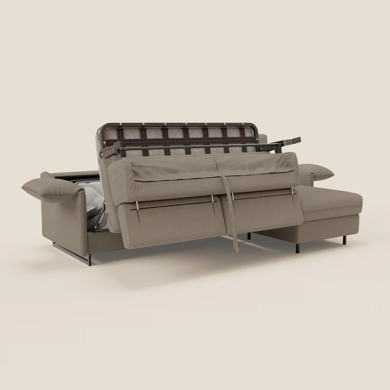 Violetta Canapé d'angle convertible avec chaise longue coffre, têtières et matelas 18cm en tissu imperméable T13 taupe