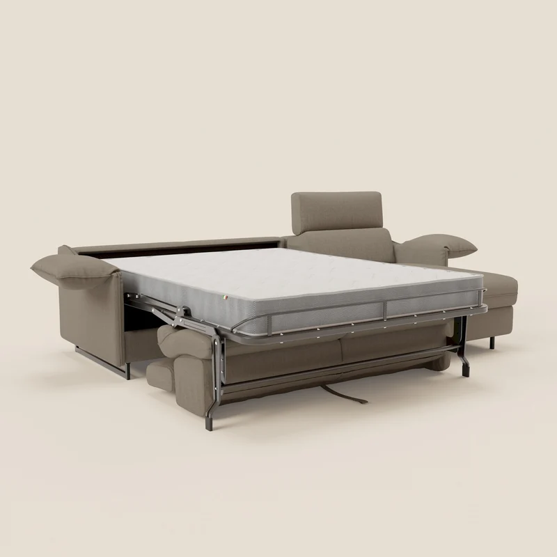 Violetta Canapé d'angle convertible avec chaise longue coffre, têtières et matelas 18cm en tissu imperméable T13 taupe