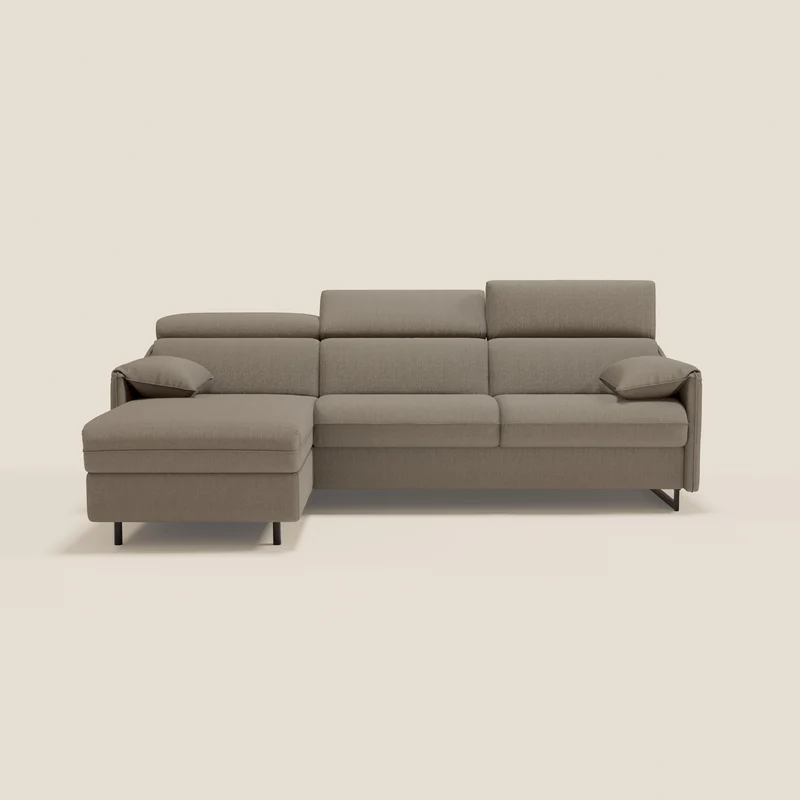 Violetta Canapé d'angle convertible avec chaise longue coffre, têtières et matelas 18cm en tissu imperméable T13 taupe