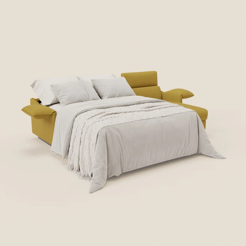 Violetta Canapé d'angle convertible avec chaise longue coffre, têtières et matelas 18cm en tissu imperméable T13 jaune