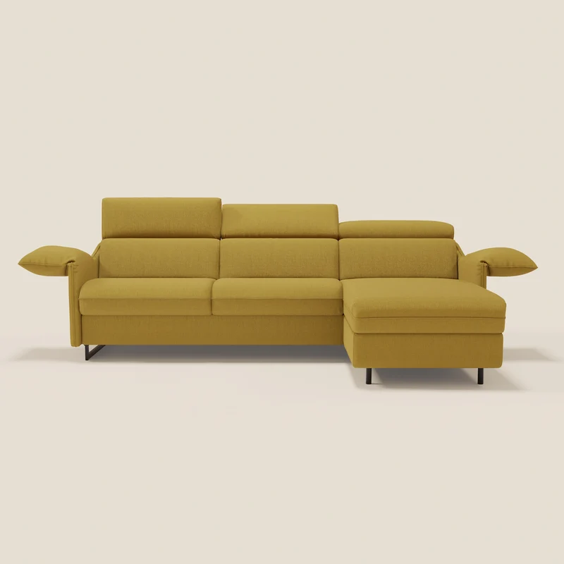 Violetta Canapé d'angle convertible avec chaise longue coffre, têtières et matelas 18cm en tissu imperméable T13 jaune