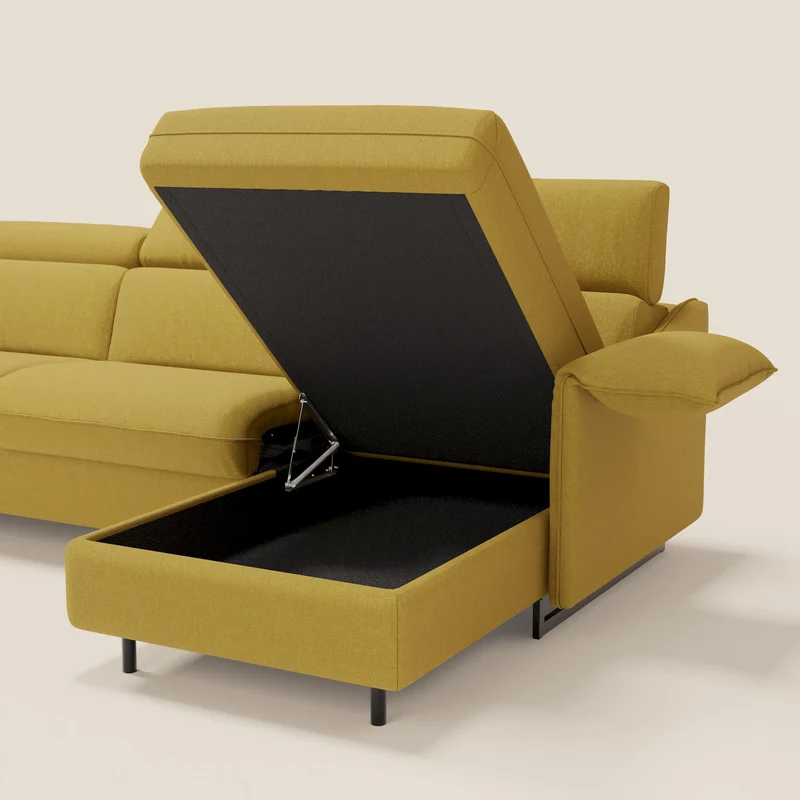 Violetta Canapé d'angle convertible avec chaise longue coffre, têtières et matelas 18cm en tissu imperméable T13 jaune