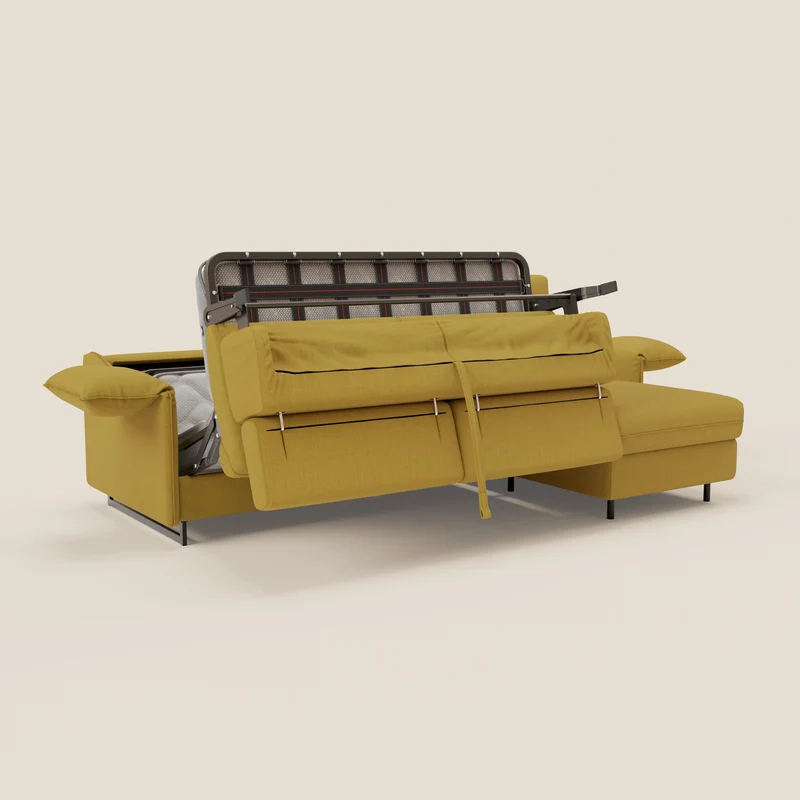 Violetta Canapé d'angle convertible avec chaise longue coffre, têtières et matelas 18cm en tissu imperméable T13 jaune