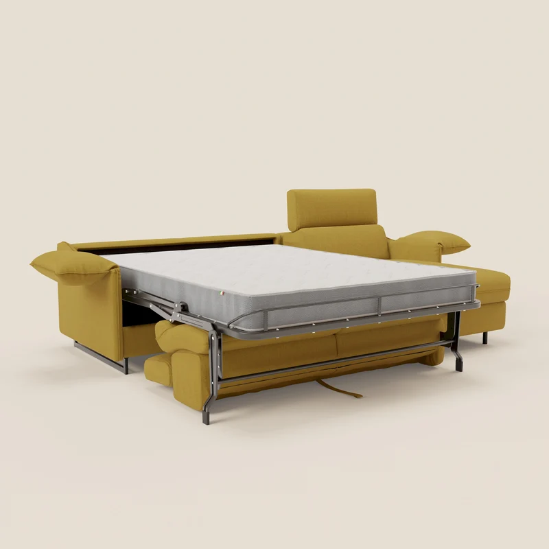 Violetta Canapé d'angle convertible avec chaise longue coffre, têtières et matelas 18cm en tissu imperméable T13 jaune