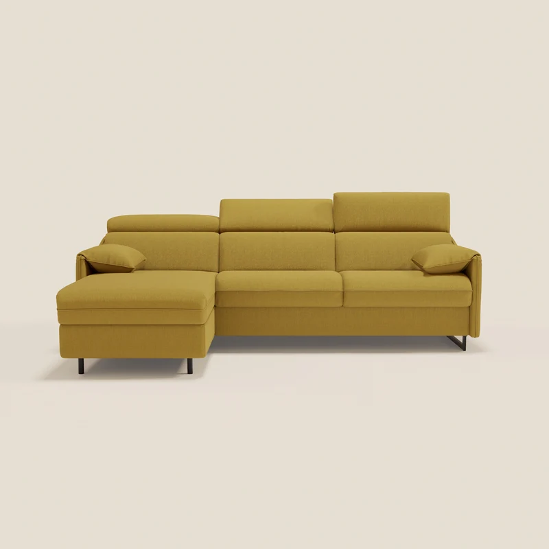 Violetta Canapé d'angle convertible avec chaise longue coffre, têtières et matelas 18cm en tissu imperméable T13 jaune