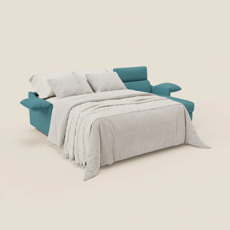 Violetta Canapé d'angle convertible avec chaise longue coffre, têtières et matelas 18cm en tissu imperméable T13 bleu ciel